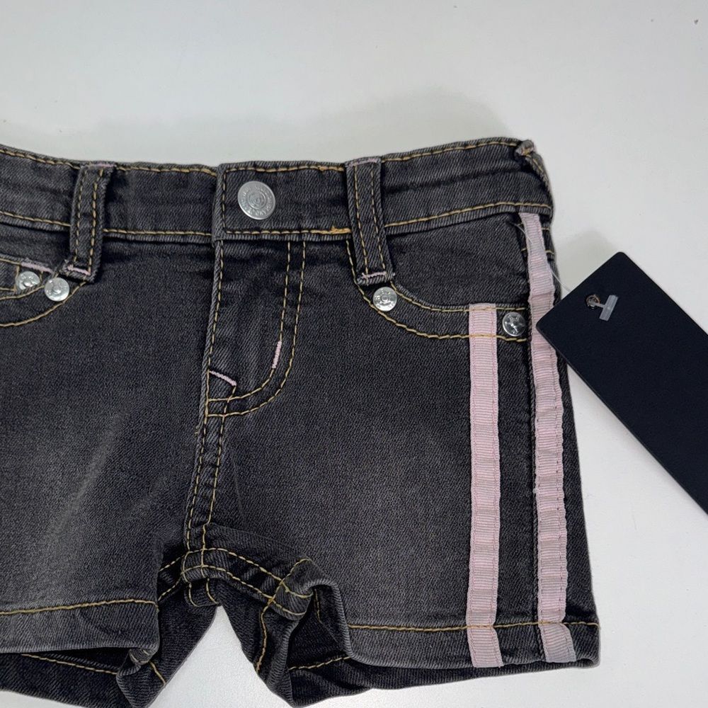 True Religion Black Denim Shorts with Pink Side Stripes Sz 3/6 months girls NWT - Picture 2 of 8